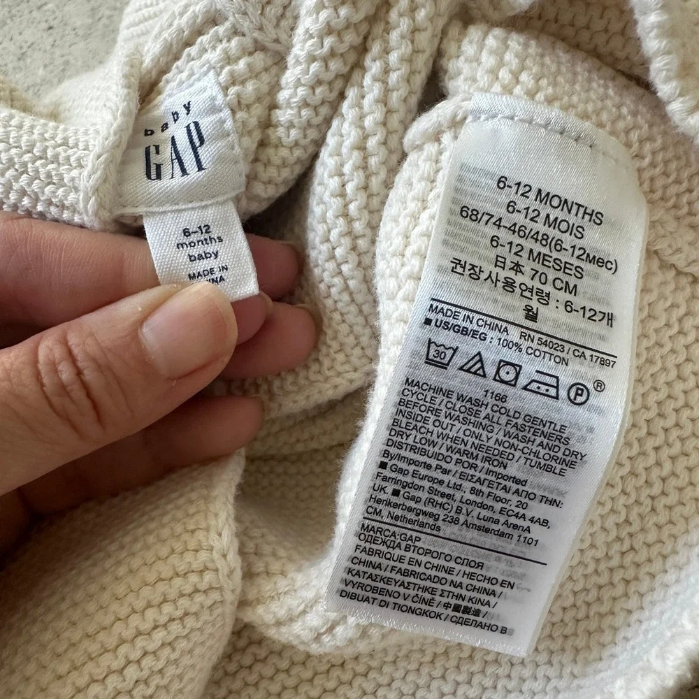 Baby Gap Baby Bear Garter Hoodie‎ Cotton Knit Cardigan Cream 6-12 Months